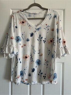 zeagoo White Floral V-Neck Ruffle Sleeve Top with Blue & Blush Flowers
